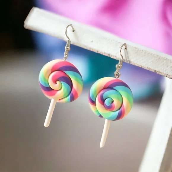 NWT Sweet & Colorful Rainbow Lollipop Earrings - Handmade Whimsy Jewelry! ๐ญโจ - Picture 2 of 5